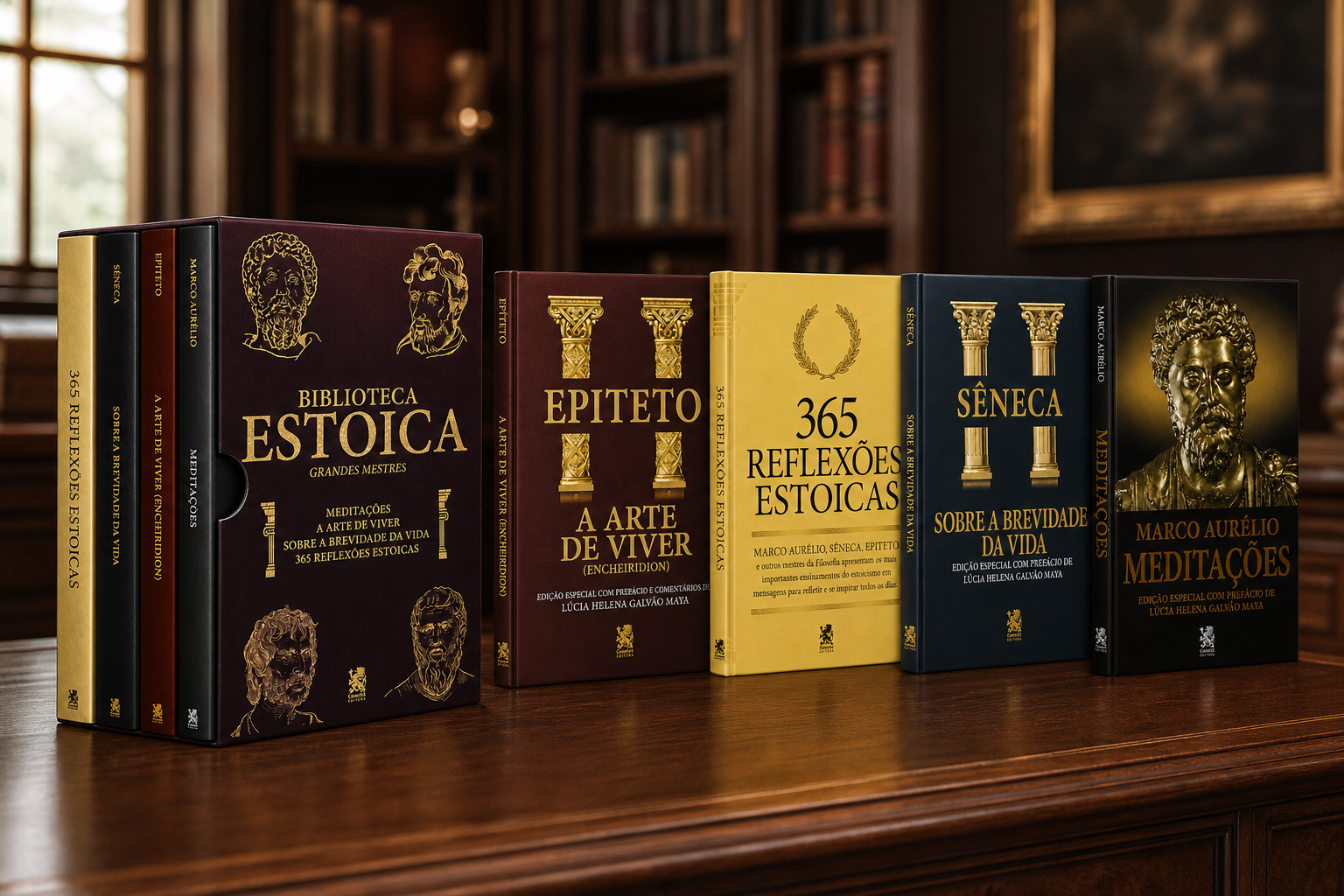 Biblioteca Estoica sobre uma mesa de leitura